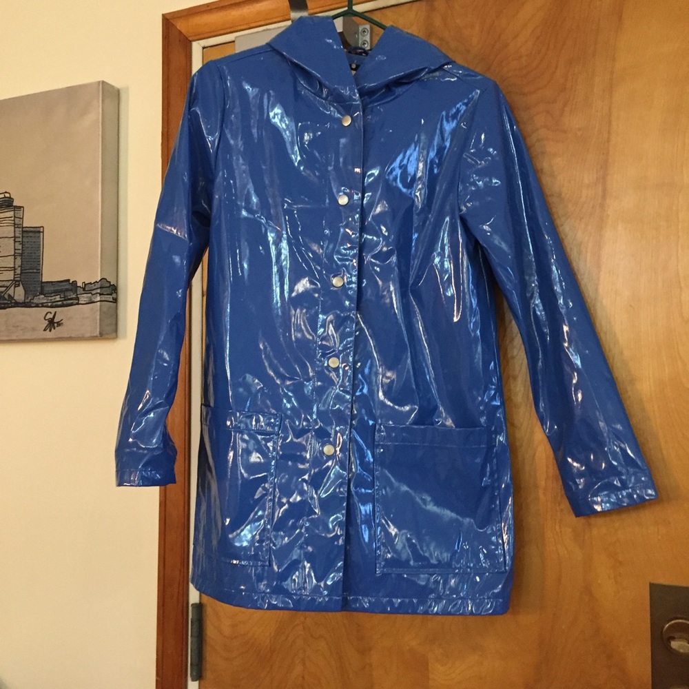 Fun shiny blue raincoat.
